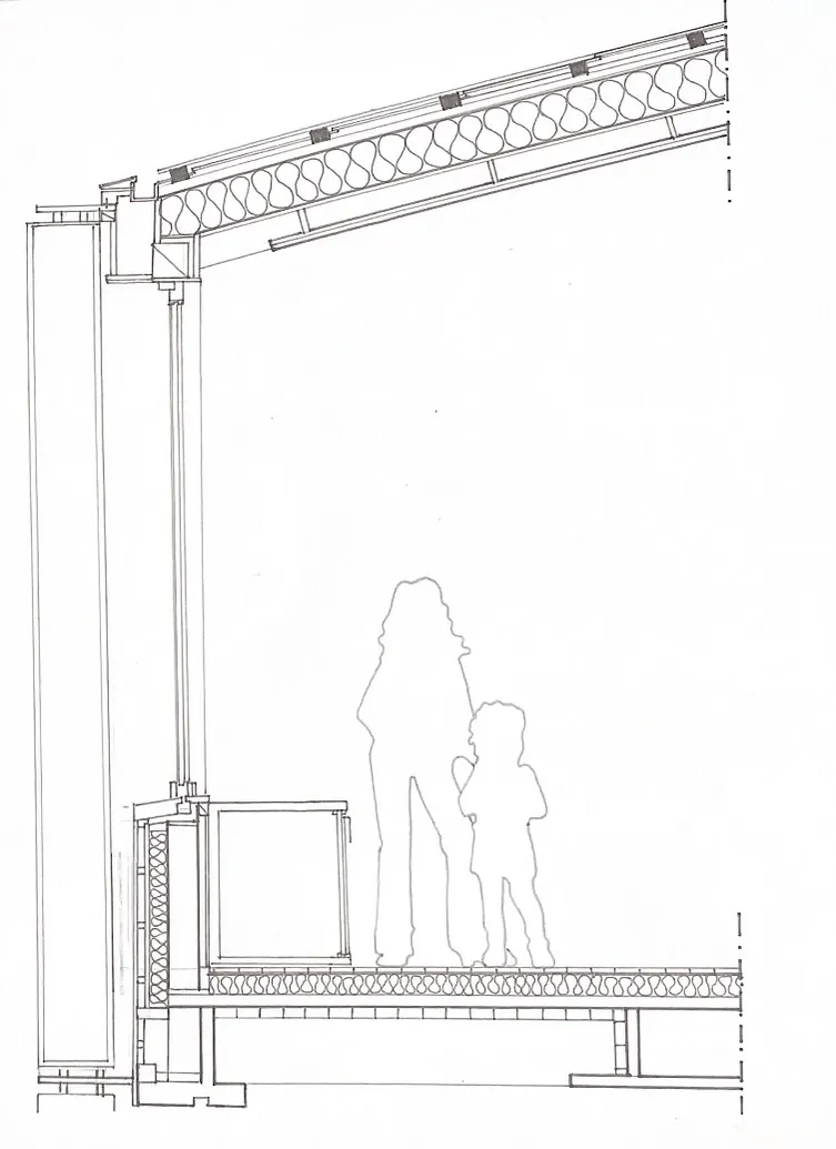 coupe détail au 1.20 d'une paroi en ossature bois et ses dispositifs de pare soleil en facade