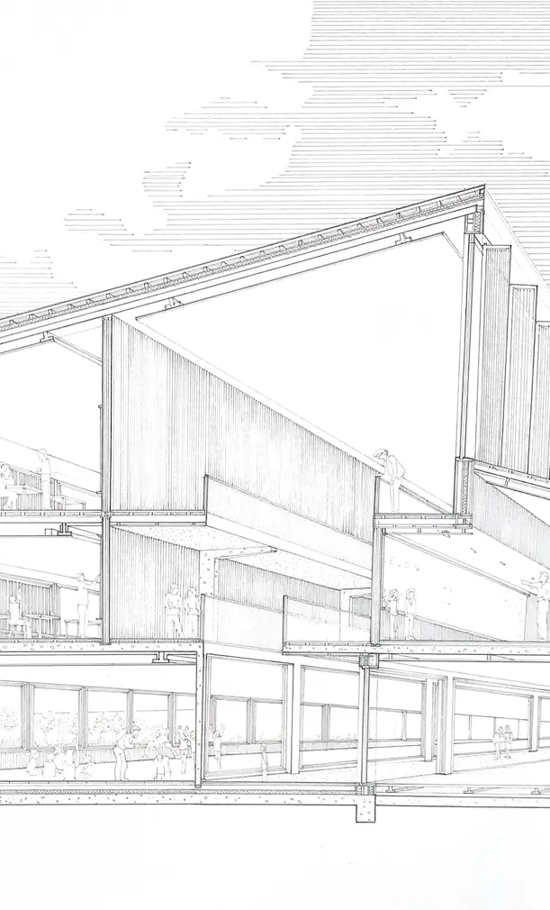 coupe perspective sur 2 A0 : ambiance de la relation salle de classe à la cour réalisé a la main : 20h de dessin
